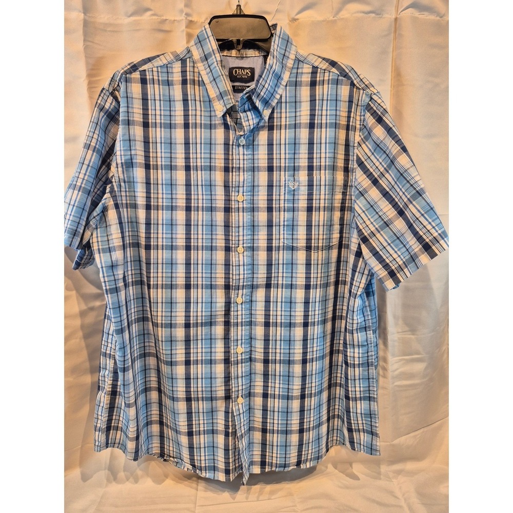 CHAPS Mens Plaid Button‎ Down Shirt Short Sleeve Stretch XL EUC Easter Church